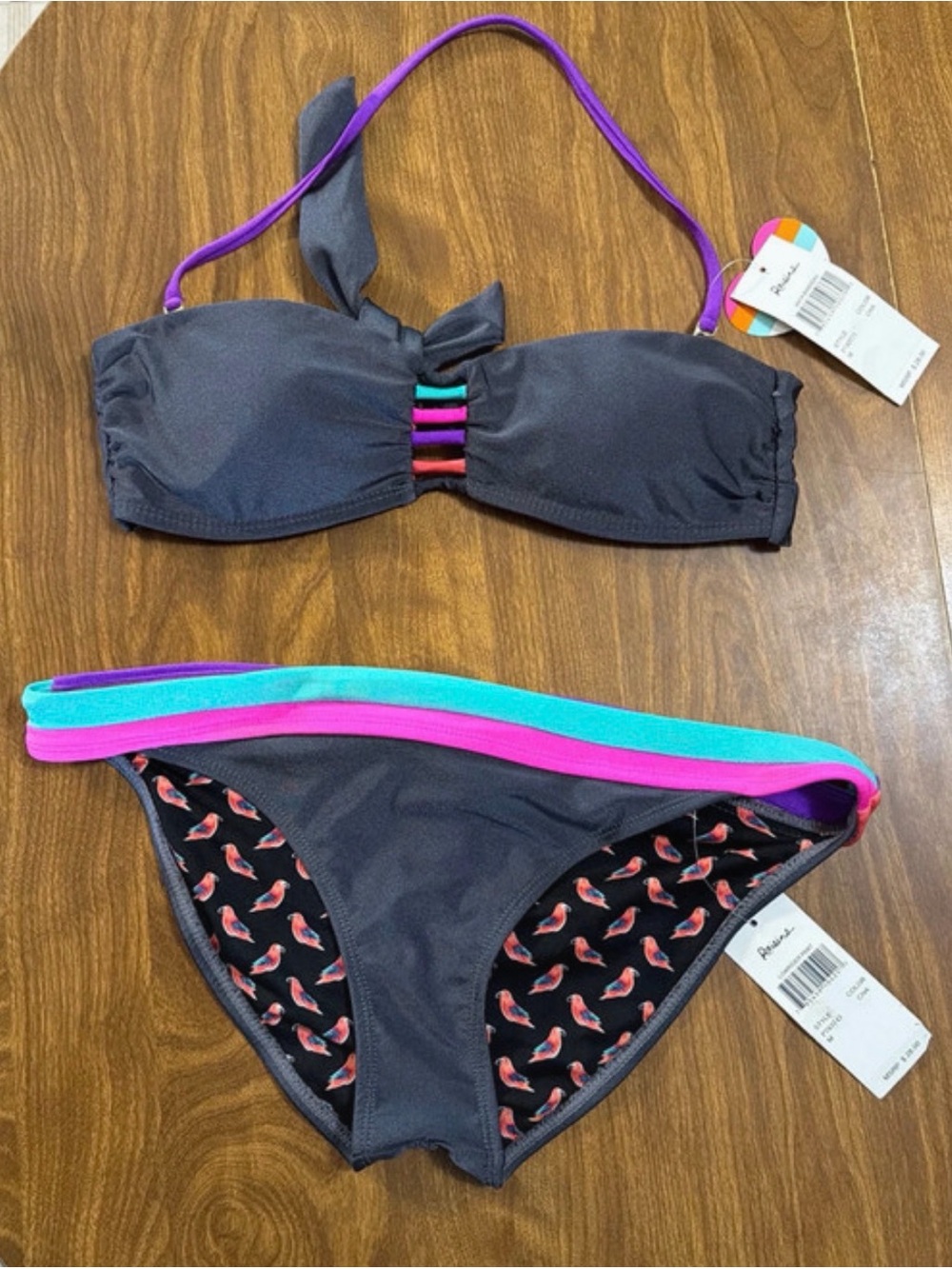 Raisins Charcoal Bikini with Purple Strap and Pink & Teal Trim